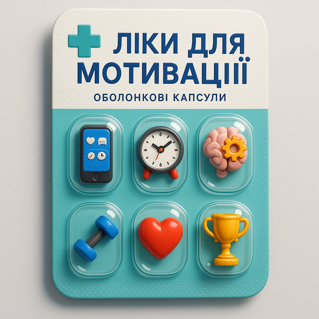 Create an ironic 3D illustration of blister pack tablets in the style of a pharmacy product, but with a satirical twist.
Instead of regular capsules, there should be miniature symbolic objects inside that represent a ‘cure’ for a specific modern problem, condition, or desire.
Title: "Ліки для мотивації". emoji