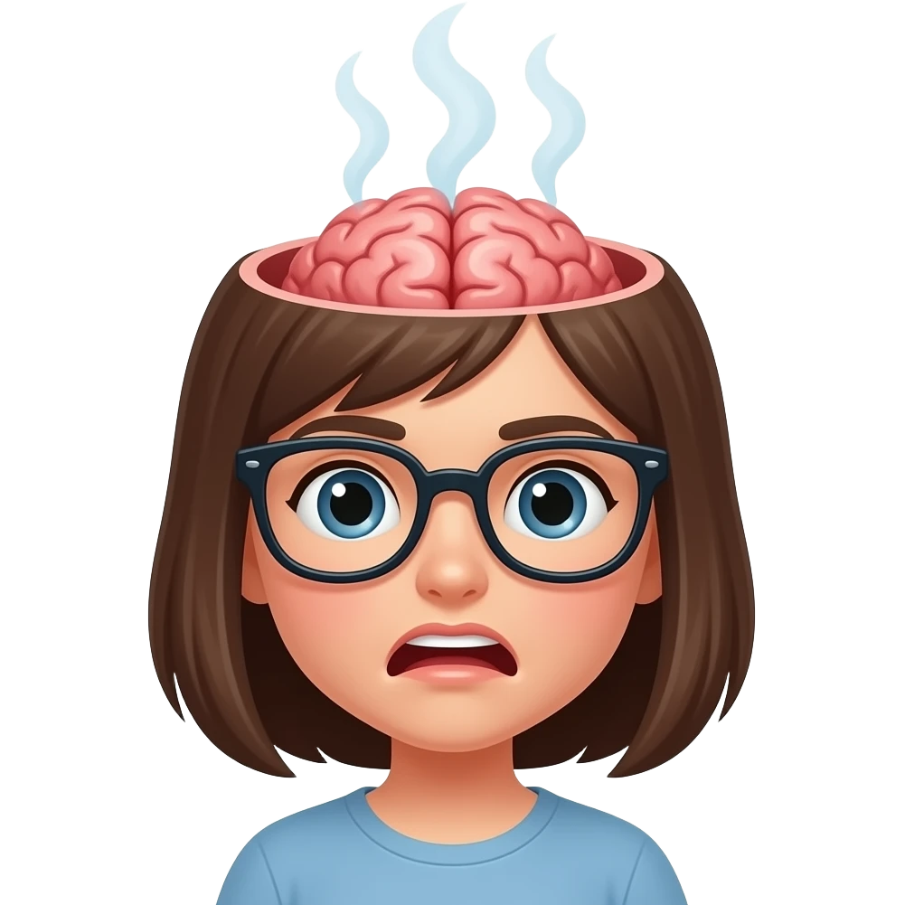 GIRL WITH UPPER HEAD OPEN WITH VISIBLE BRAIN AND STEAM FROM HER HEAD BUT MAKE HER FACE LOOK LIKE SHES HARD WORKING AND ADD GLASESSES emoji