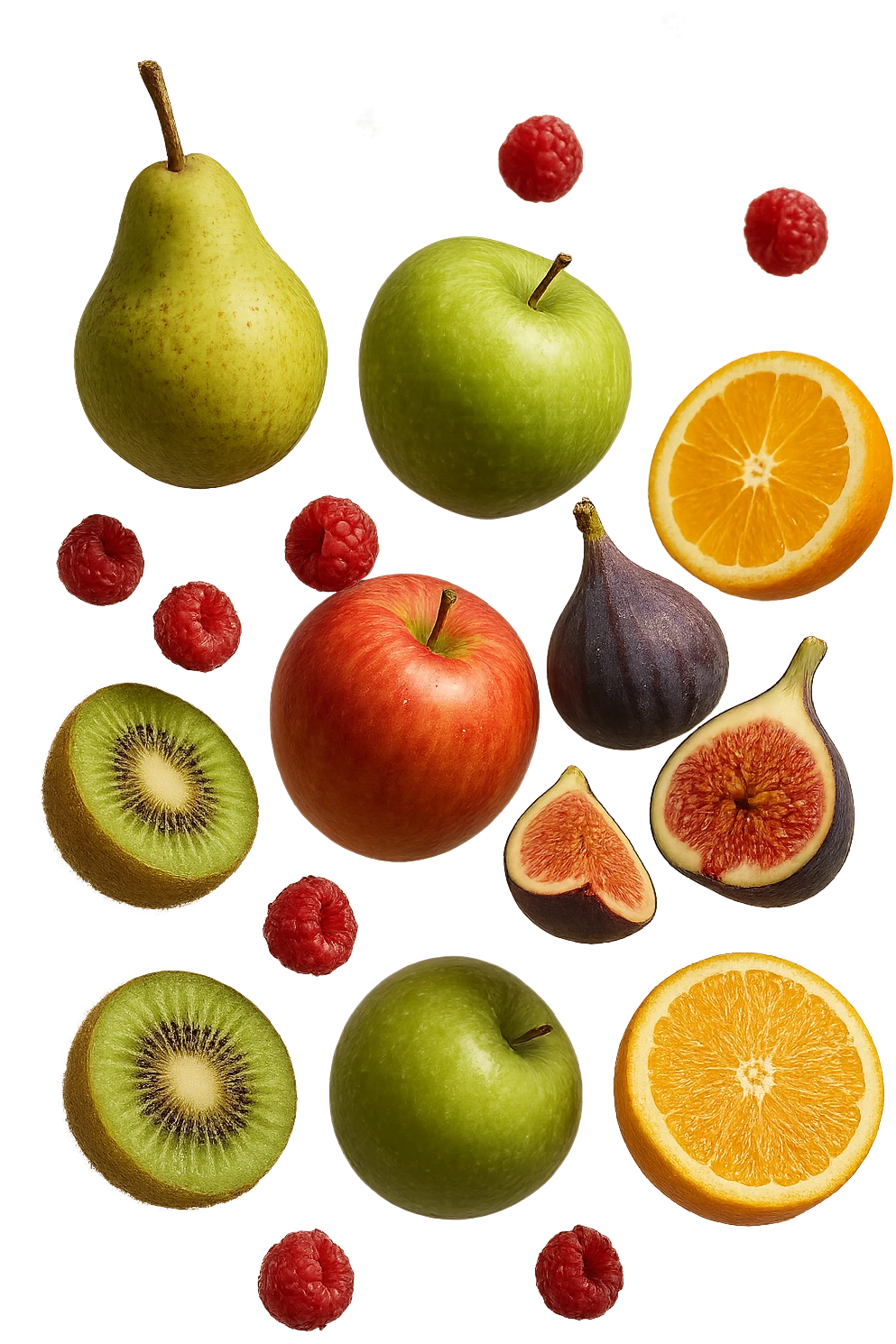 Pere, mele, lamponi, fichi, kiwi, arance FLUTTUANO IN ARIA, IPERREALISTICO 4K emoji