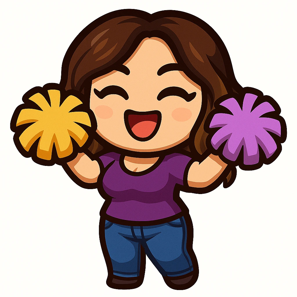 Sticker style chibi emote, matching the attached green heart emote as a base, but with a slightly skinnier body and a bigger chest. Woman from reference, purple t-shirt and blue jeans, cheering with pom-poms, cute excited face, no headband, no wand, no green heart, transparent background. Top color should not match jeans. emoji