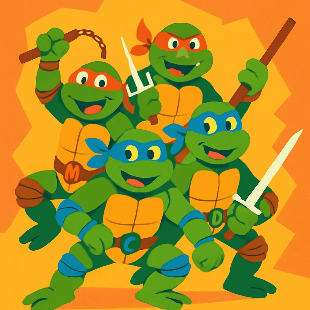 Teenage Mutant Ninja Turtles, classic cartoon style, vibrant colors, group pose, fun and energetic emoji