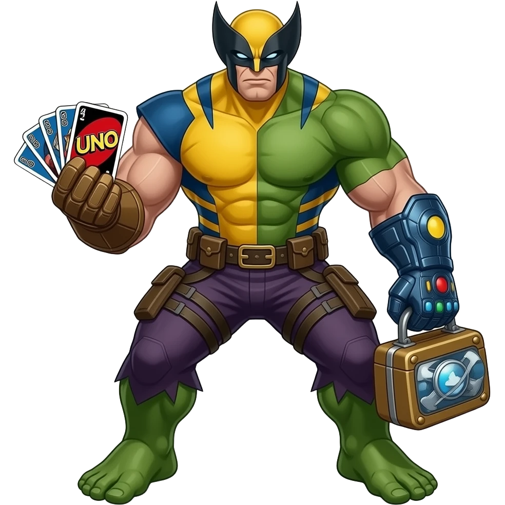 A hybrid of wolverine hulk iron man deadpool hawkey captain america thanos uno cards infinity gauntlet one lunch man dr doom emoji