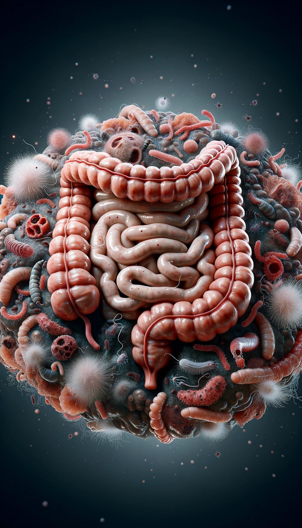 INTESTINO UMANO ANATOMICO REALISTICO CIRCONDATO DA PARASSITI E BATTERI INTESTINALI, IPERREALISTICO 4K emoji