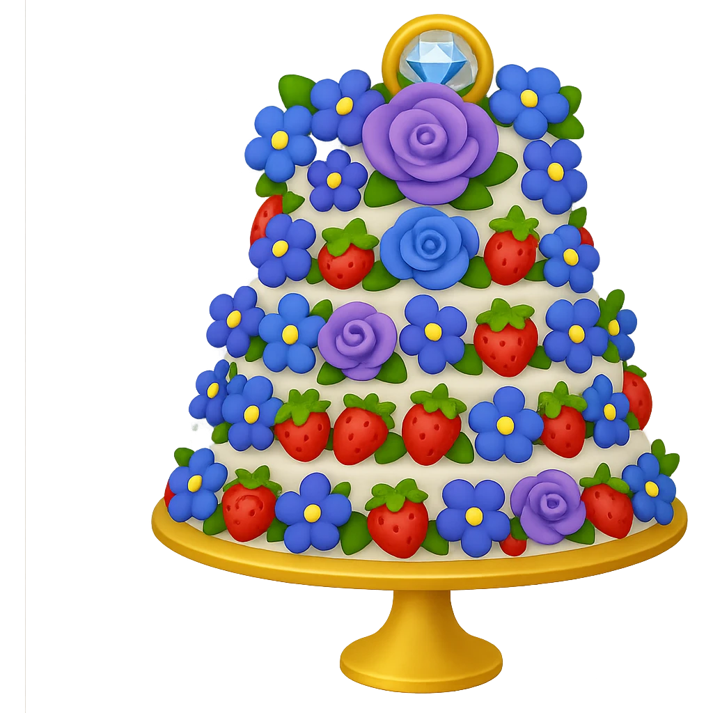 Replace the pink and white flowers with blue and purple flowers on the white wedding cake with strawberries and gold ring topper. The style should resemble emoji style with no background. emoji