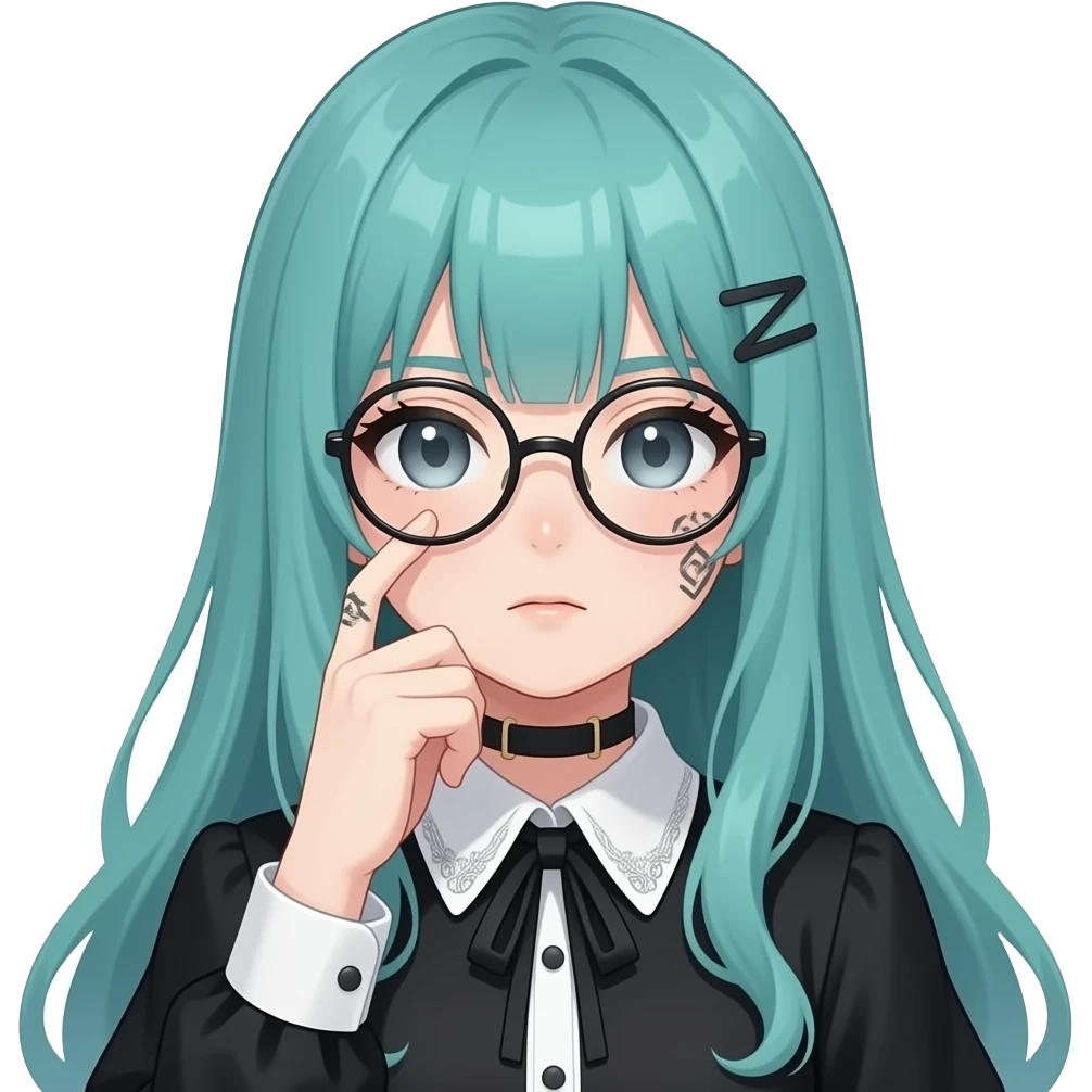 anime girl, thinking very hard, vintage glasses ,face tattoos, long flowing teal hair, grey eyes, black shoulder cyberpunk blouse with fancy white collar emoji