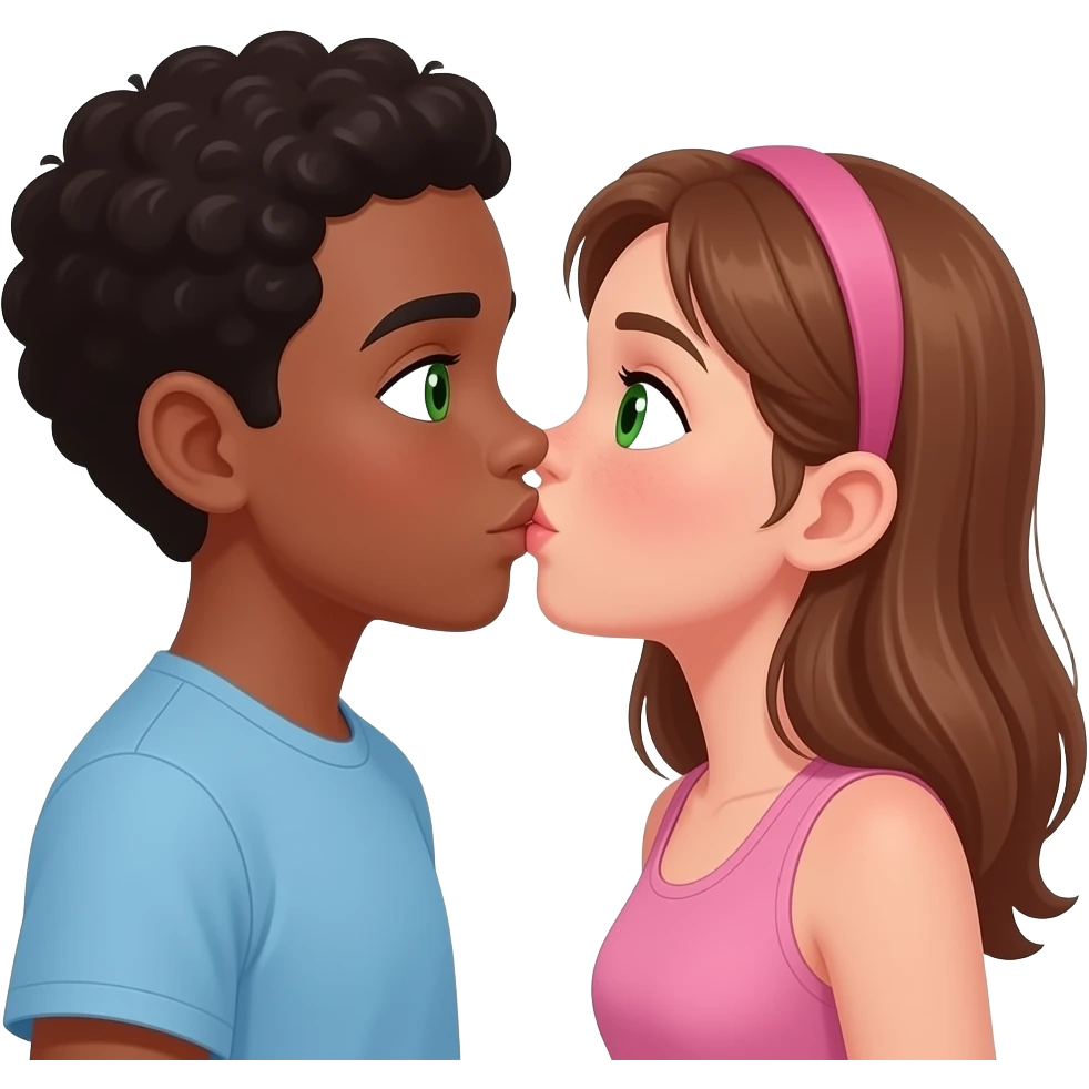 Pareja niño besandose moreno y niña ojos verdes  blanca bonitos abrasados emoji