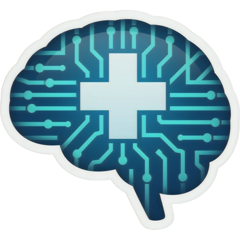 "Sticker of a digital brain merged with a medical cross and circuit lines, vibrant blue and teal, flat vector style, thick white border, die-cut, professional medical AI design." emoji