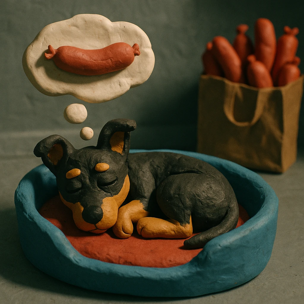 A small black and tan terrier dog curled up inside a fleece dog bed. the dog is dreaming about sausages. the room in the background is mainly coloured grey with a shopping bag in the background filled with lots of sausages emoji