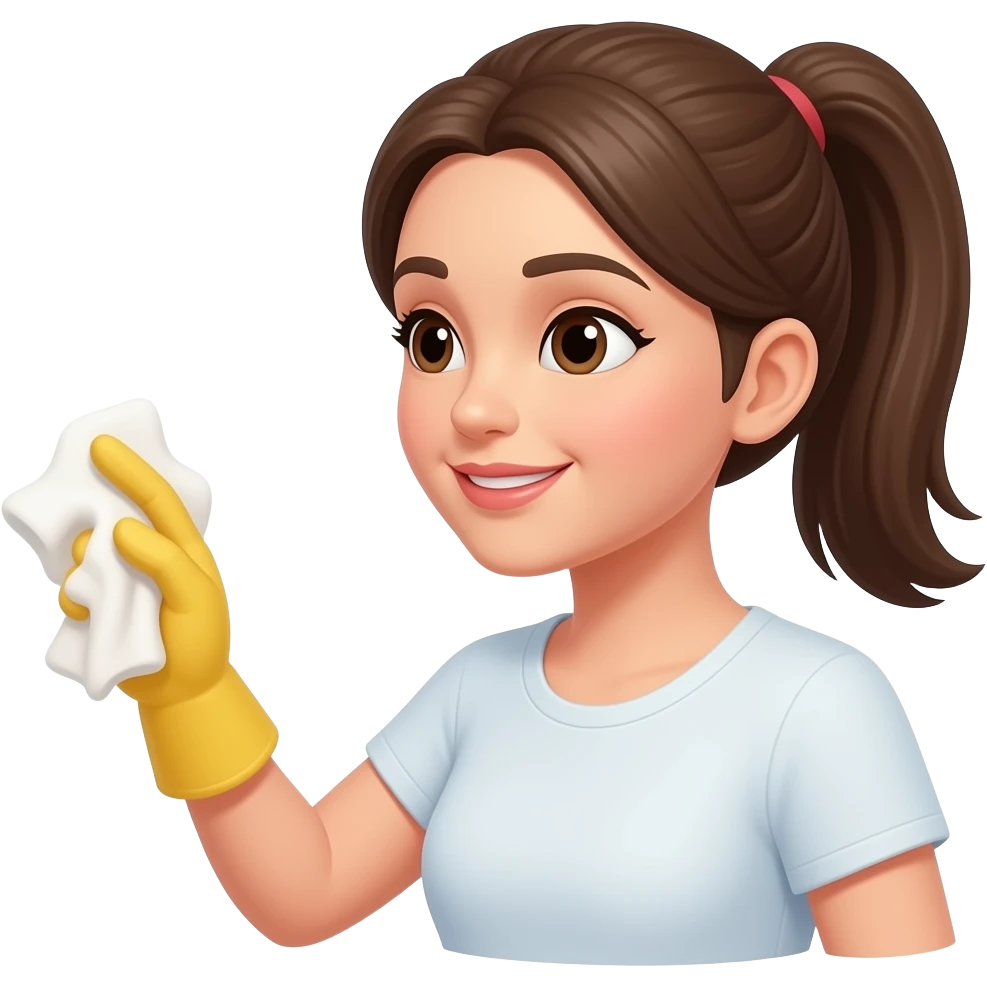 Mulher com rabo de cavalo fazendo faxina emoji