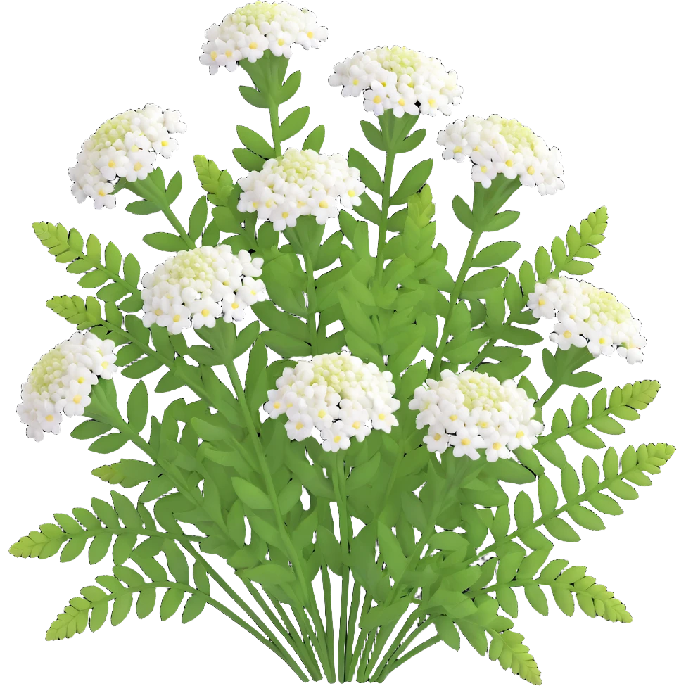 3D iOS style illustration of Achillea millefolium (common yarrow), realistic and vibrant, delicate white flower clusters, feathery green leaves emoji