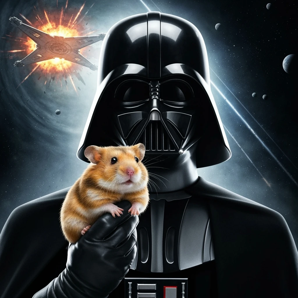 Extreme Closeup Photo of a darth vader holding big hamster, low key light, explosion startship background with leading lines, back light, spot light emoji