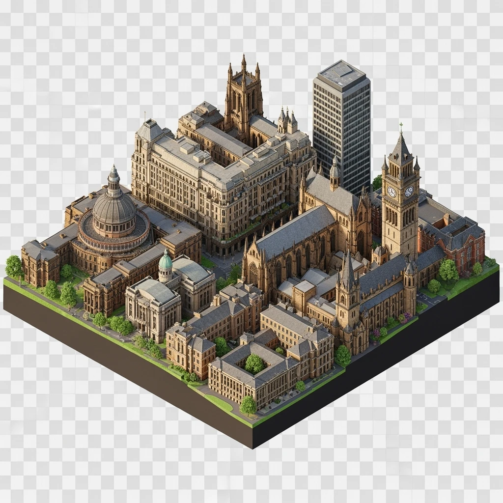 Isometric illustration-model of panorama view Birmingham with photorealistic main buildings, balanced between stylized and realistic, 3D miniature effect, transparent background. emoji