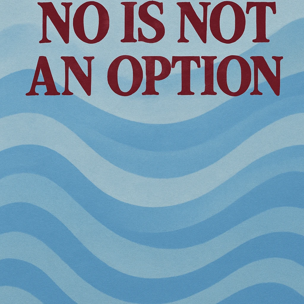 blue wavy background with burgundy text at top "no is not an option" emoji