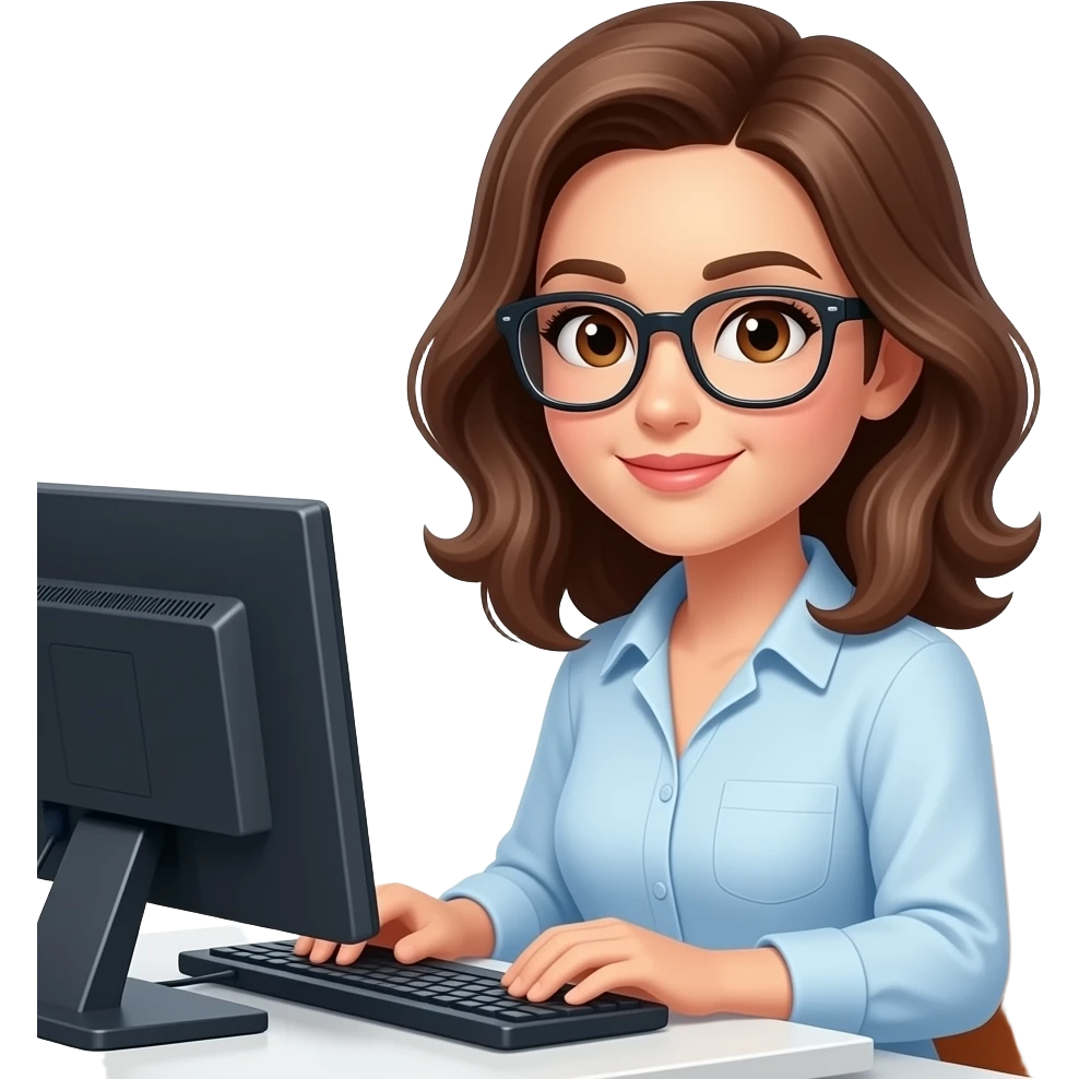 donna con occhiali che lavora al computer, capelli castani ondulati, lunghezza media,occhi castani emoji