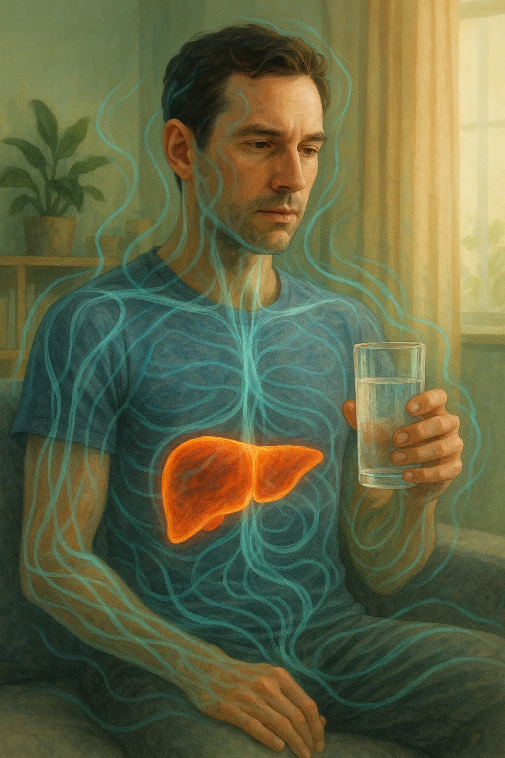 A man in a calm domestic environment, sitting with a transparent bottle or glass in hand containing an Epsom salt solution. He has a focused and aware expression. His body is partially transparent, with the liver highlighted brightly as if in a cleansing phase. Around the body, fluid energetic lines symbolize detoxification. The atmosphere is relaxed and natural, with warm light and green and blue tones representing health and purification. emoji