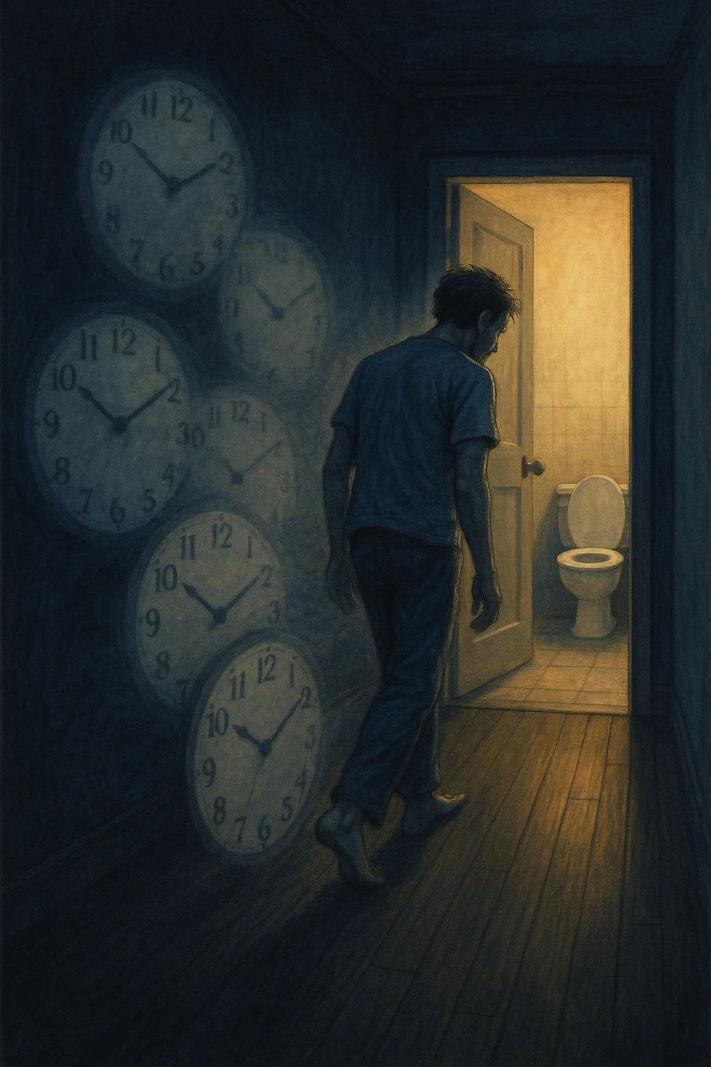 In una scena notturna onirica, un uomo cammina a piedi nudi in un corridoio buio verso un bagno illuminato, ripetutamente. Dietro di lui, come in una scia, ci sono orologi sfocati che simboleggiano il sonno interrotto. Ogni passo è lento, stanco, come se il corpo chiedesse riposo ma la vescica non lo permettesse. emoji