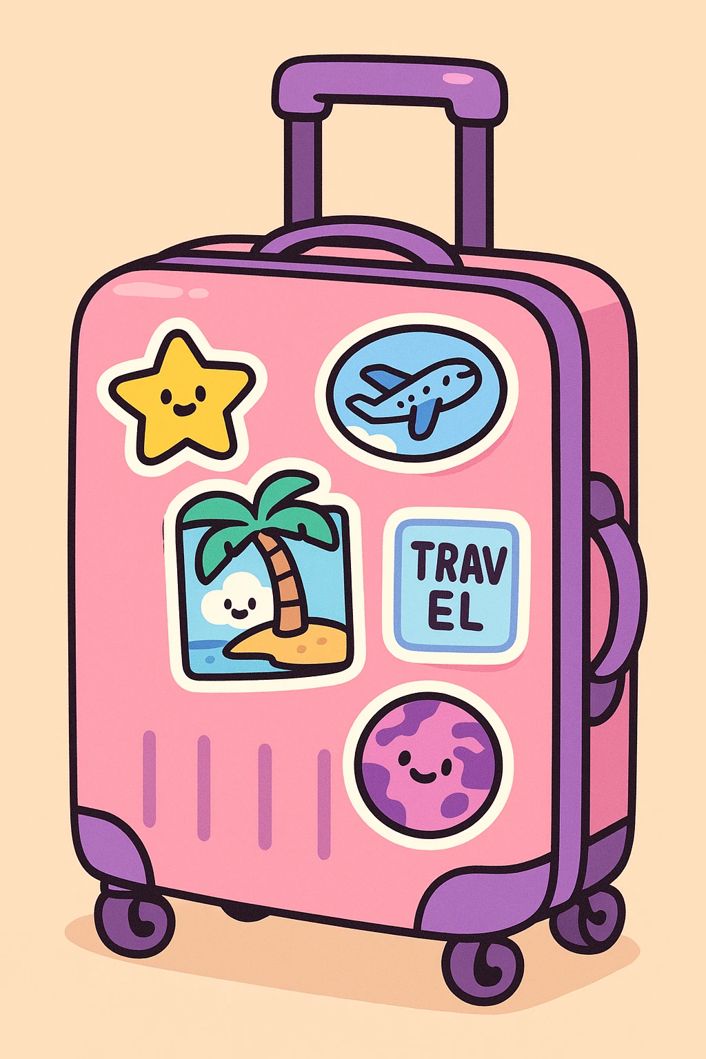 pink and purple rolling suitcase with different travel stickers, thick line art, flat pastel colors, graphic shadows and highlights, white sticker outline, cute cartoon style, variation 2 emoji