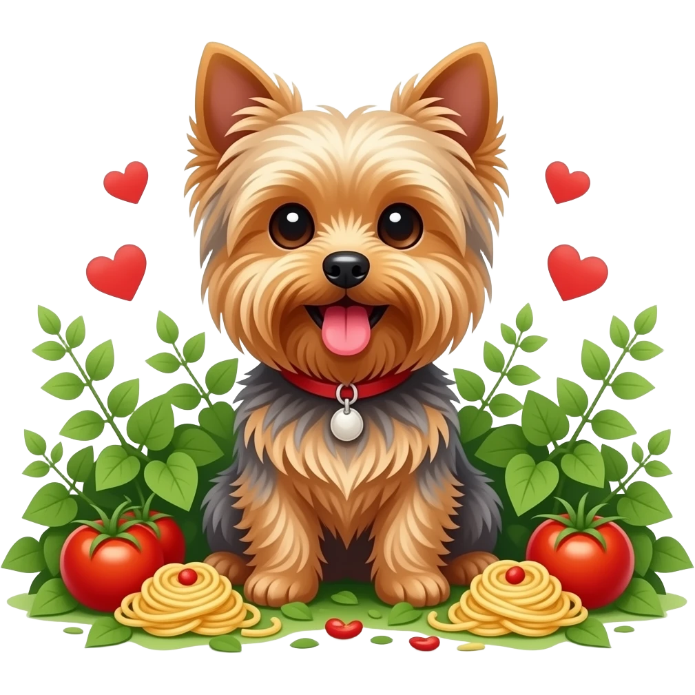 Yorkie dog smiling tongue out sitting among a lot of ivy, tomatos,  chicken and pasta and floating hearts emoji
