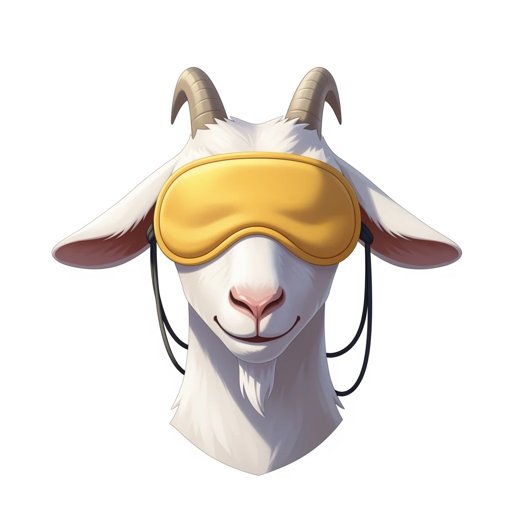 a goat with yellow sleep mask, front view,  Frontal Top-Down Soft Light, white background, portrait, casual cartoon stylized style art emoji