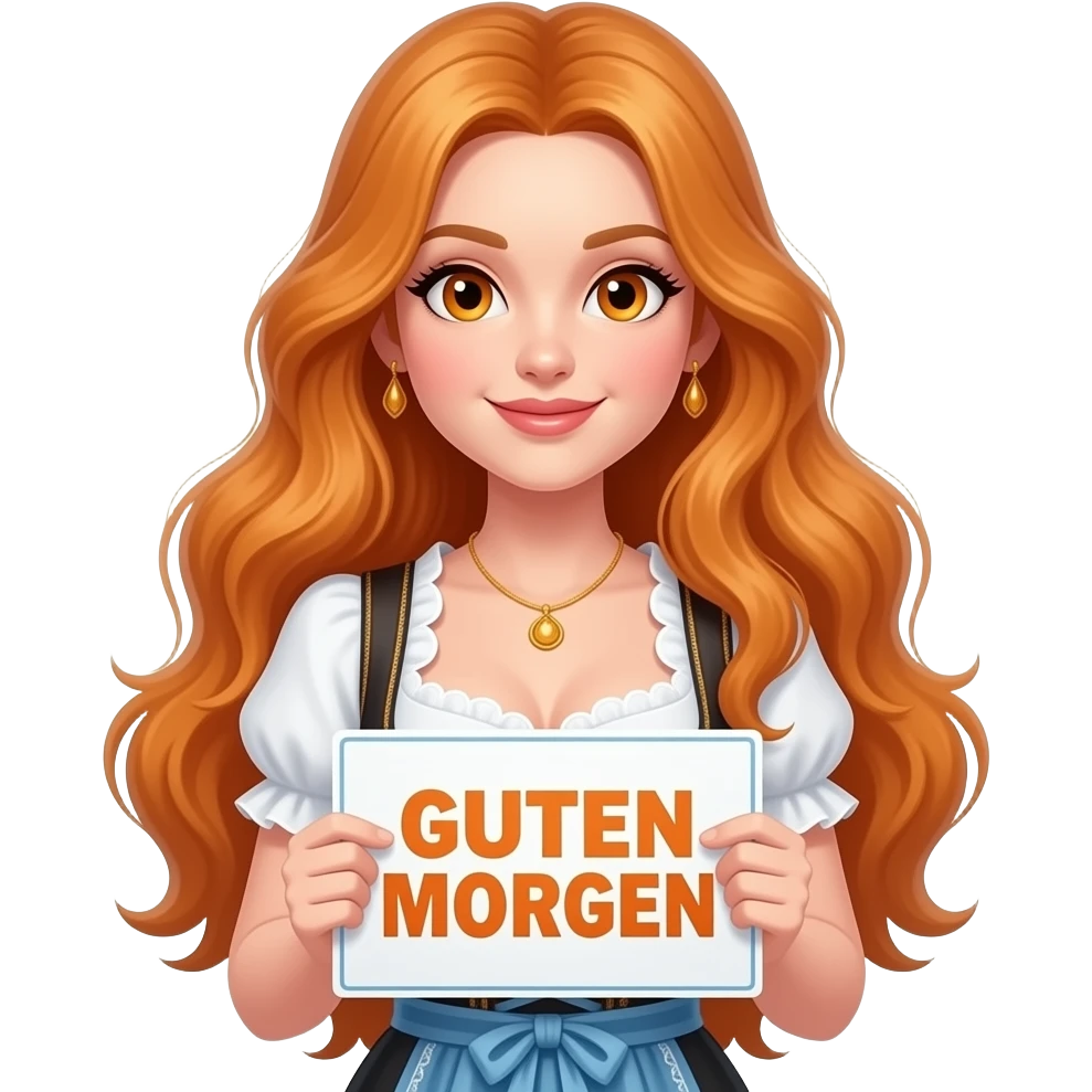 sexy girl with overlong ginger hair and ginger eyes wearing a dirndl holding GUTEN MORGEN sign emoji