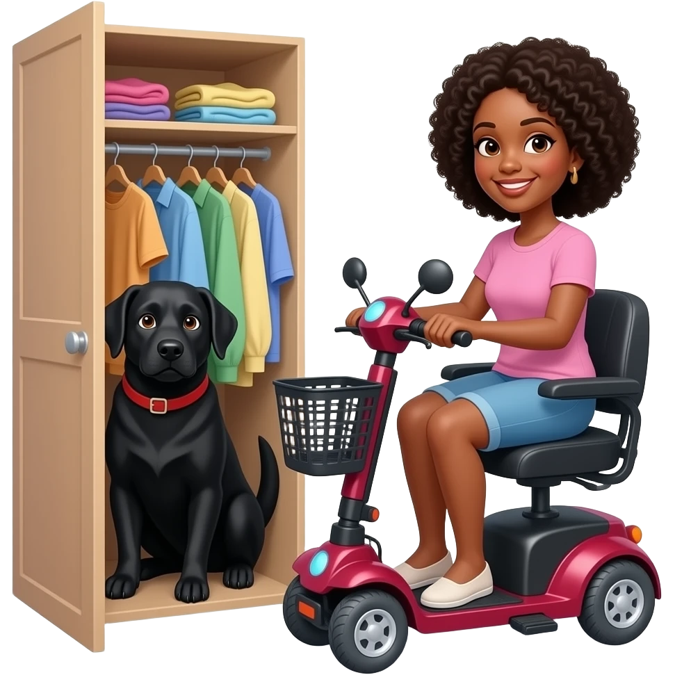Black lab hiding in clothes walkin closet with black skinned female owner sitting  on  mobility scooter emoji