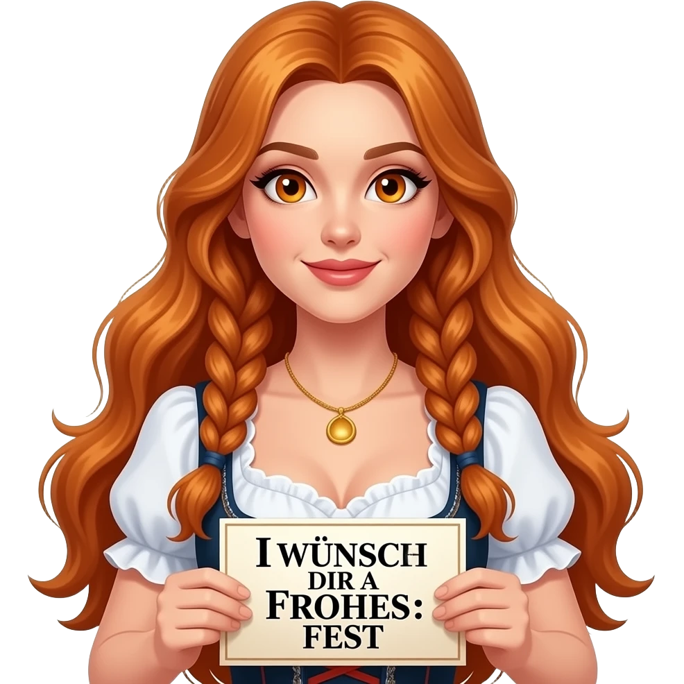 sexy girl with overlong ginger hair in braids and ginger eyes wearing a dirndl holding a I WÜNSCH DIR A FROHES FEST sign emoji