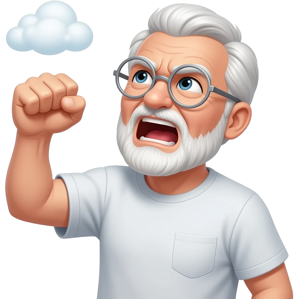grumpy angry old man yelling with round silver glasses and a t-shirt shaking his fist and looking up at the sky emoji
