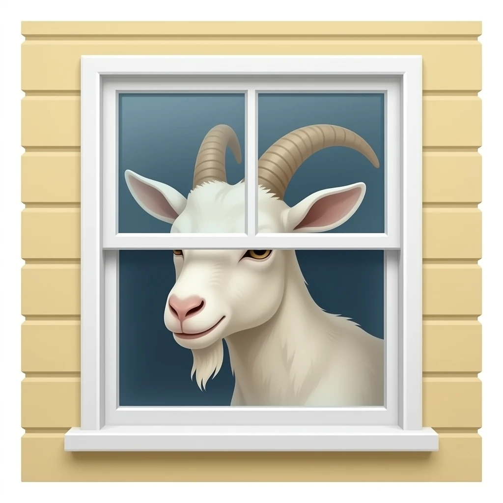 una cabrita mirando por la ventana de una casa entera, realista! emoji