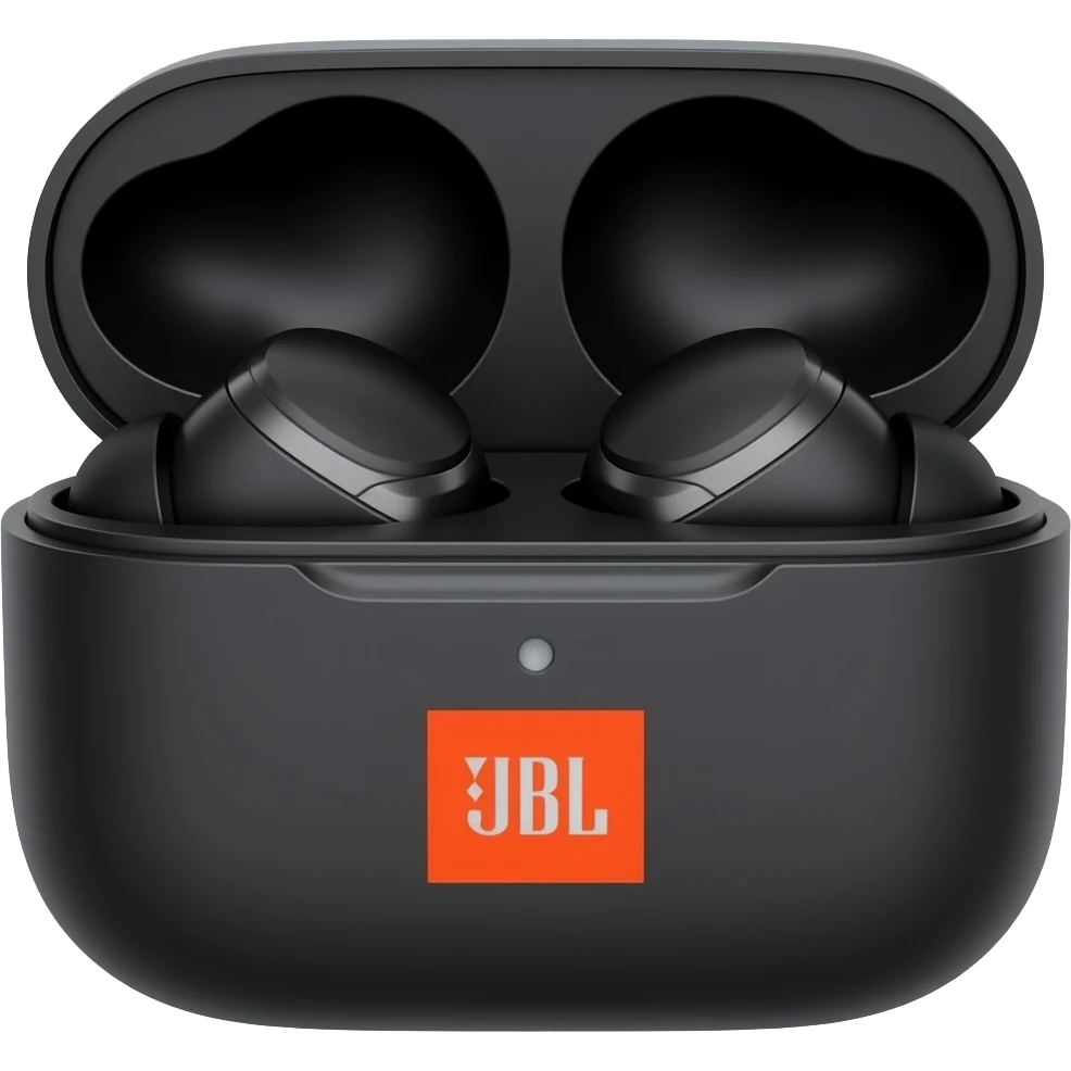 black wireless earphones and case and JBL logo emoji