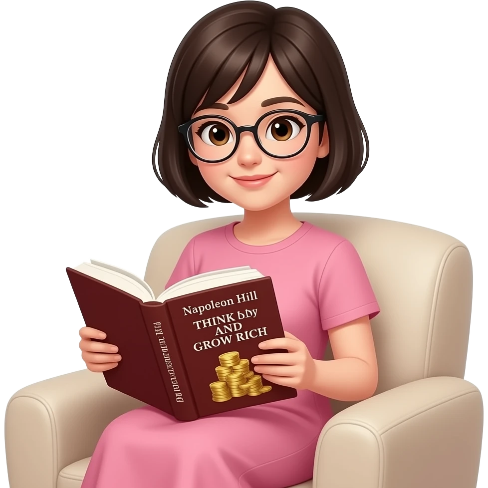 chica de cabello oscuro y corto, con ojos color cafe y gafas de lectura, con ropa comoda color rosa, sentada en un sillón,  leyendo un libro de Napoleón Hill piense y hagase rico emoji