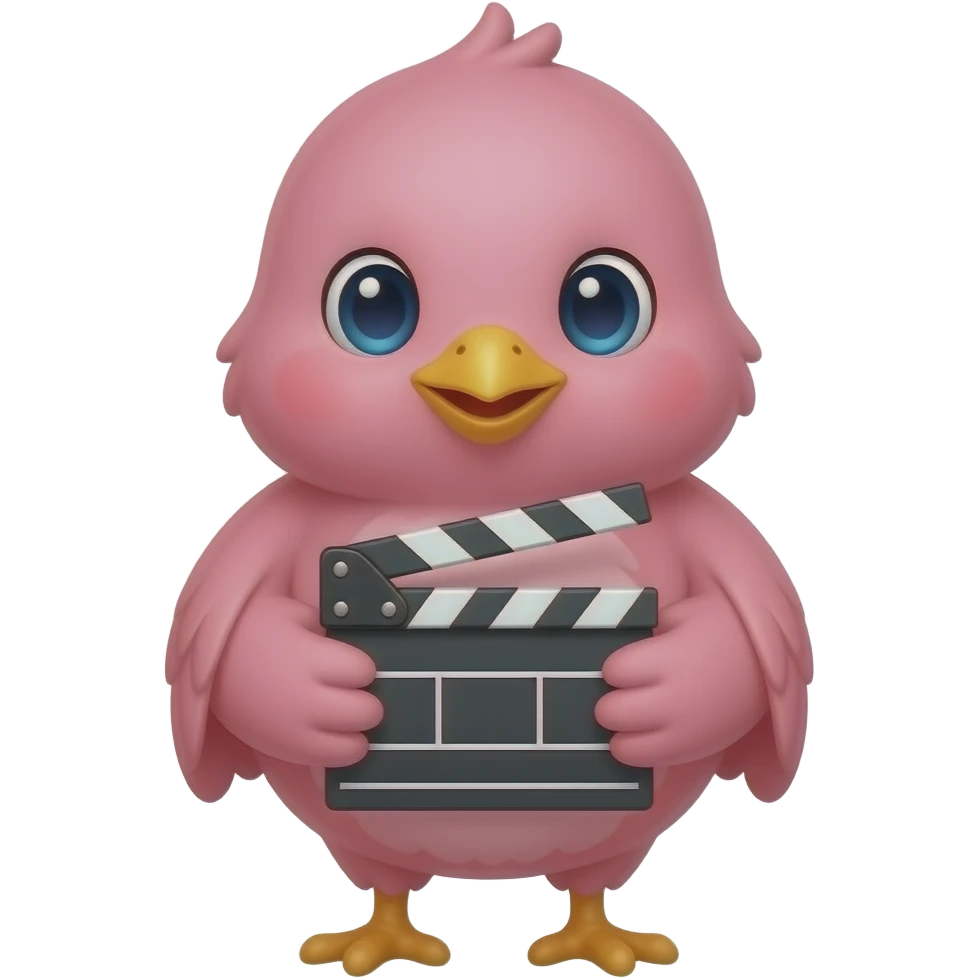lovable small pink bird in a kawaii style holding a movie clapperboard. the image must be a transparent .png emoji