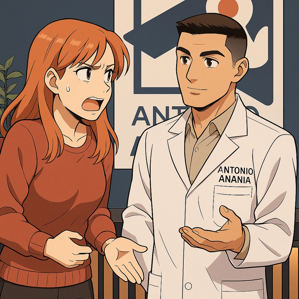 su questo stile fai un manga/webtoon a colori in cui una donna che parla esasperata dal suo problema, l'uomo della foto in stile manga gli risponde, mantieni un ambiente simile alla foto che ho allegato con il suo logo (sarebbe il suo studio, lui è un kinesiologo), scrivigli "ANTONIO ANANIA" sul camice bianco, non mettere fumetti, ma fai in modo che sembri che la donna chiede una cosa e l'uomo risponde alla sua domanda emoji