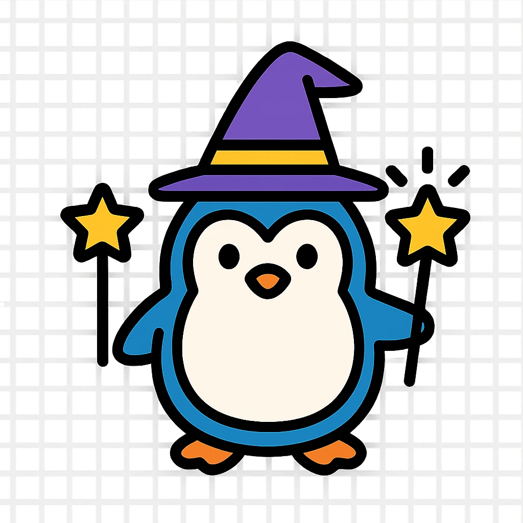 A penguin wizard with a pointy hat and a magic wand emoji