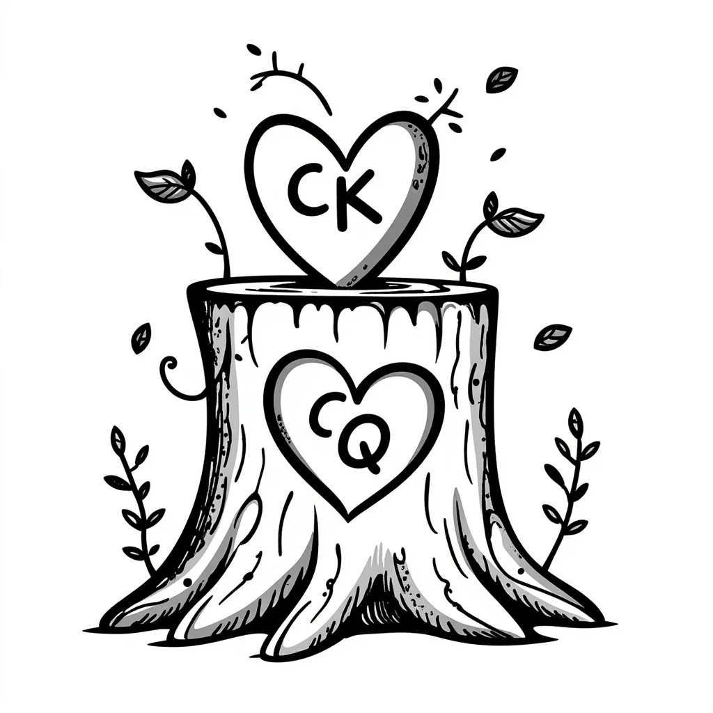 Replace the words 'Chaos King' and 'Chaos Queen' with the initials 'CK' and 'CQ' inside the heart on the tree stump, surrounded by chaotic swirls and nature elements, hand-drawn doodle style. emoji