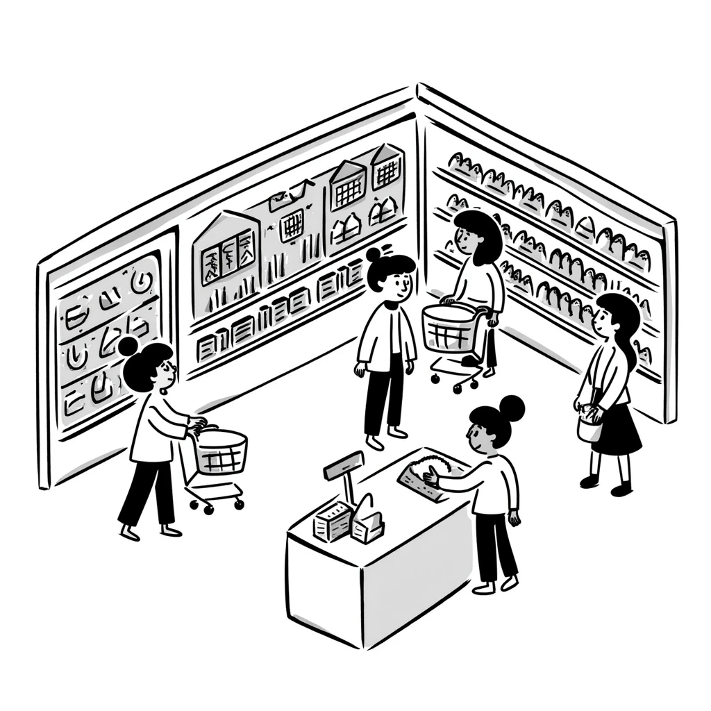 Isometric view of a supermarket interior with grocery aisles, shoppers, and cash registers emoji