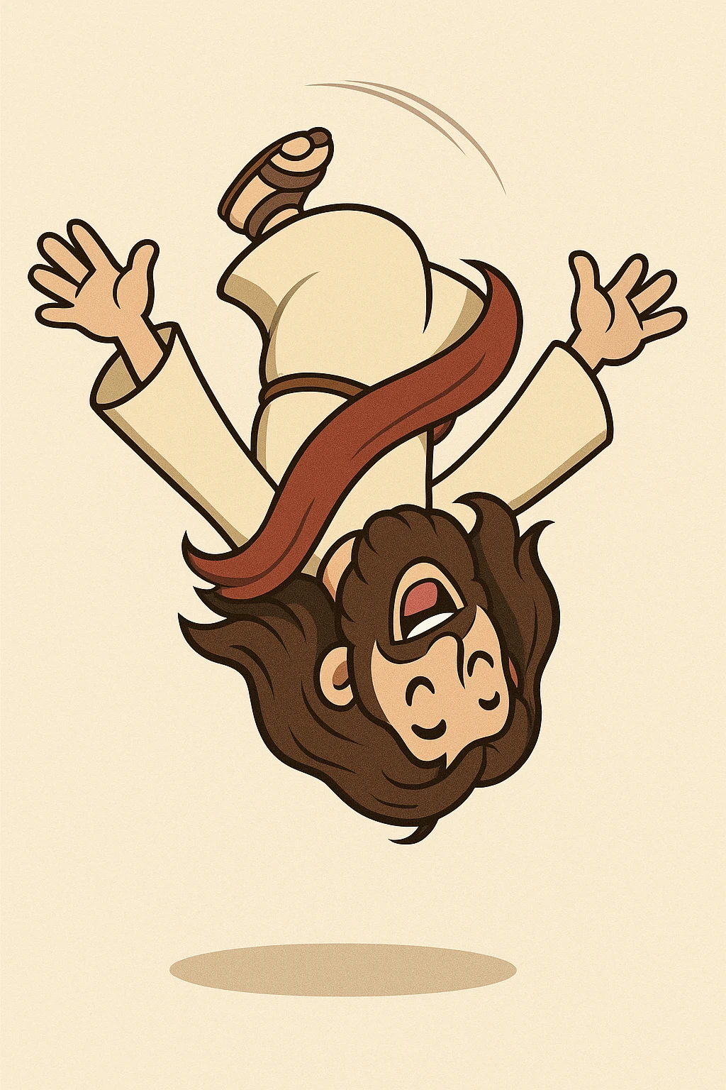 Cartoon Jesus performing a backflip, arms outstretched, cheerful, clean background emoji