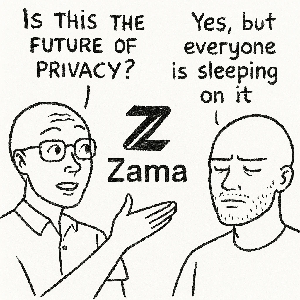 A meme in the style of 'Is this a pigeon?' where a character is pointing at Zama’s logo and asking 'Is this the future of privacy?' with another character responding 'Yes, but everyone is sleeping on it'. The meme should feature the word 'Zama' clearly. emoji