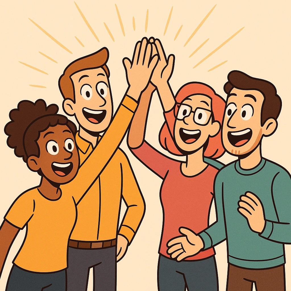 a group of people giving a high-five, radiating cheerful team energy, perfect for 'Good morning and happy Friday, team!' bright and colorful cartoon style emoji