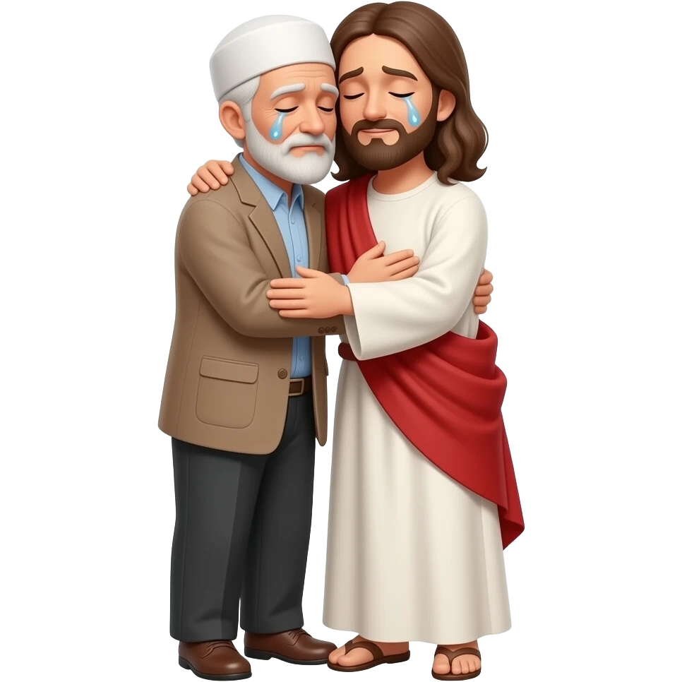 картинка во весь рост пожилой мужчина мусульманин со слезами на глазах обнимает Иисуса во весь рост emoji