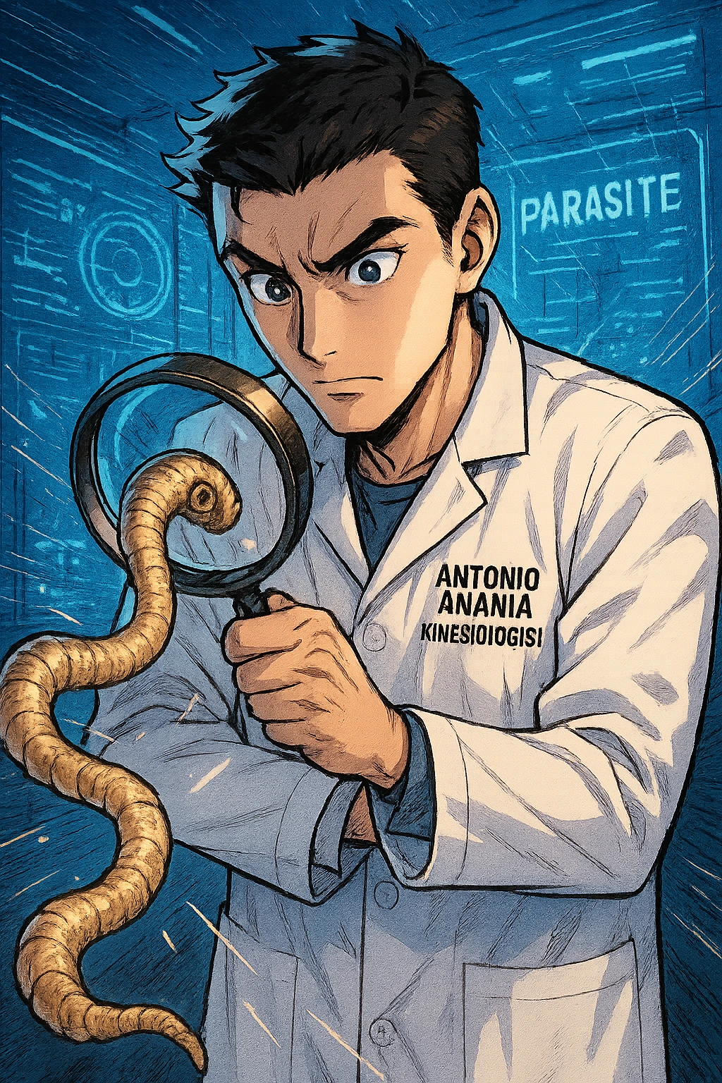 A dynamic manga/webtoon-style illustration of a young male kinesiologist wearing a clean white lab coat, analyzing light beige worms like a tapeworm under a magnifying glass. His expression is focused and slightly intrigued, with sharp, detailed eyes. The art style is vibrant, with bold linework, rich colors, and dramatic lighting. The background is a futuristic laboratory with glowing holographic screens displaying parasite data. The tapeworm is intricately drawn, slimy and segmented, with a slightly exaggerated yet realistic texture. The composition is dynamic, with motion lines or energy effects to emphasize his scientific investigation. The atmosphere is intense but not dark, keeping a balance between scientific seriousness and stylish manga aesthetics, he has "ANTONIO ANANIA" WRITTEN ON WHITE LAB COAT emoji
