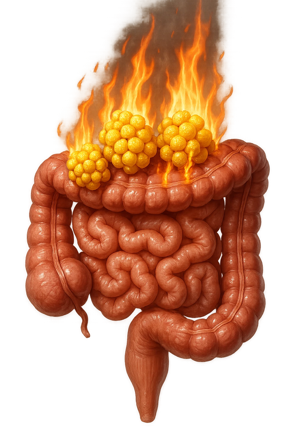 intestino umano con cellule gialle di grasso a grappoli attaccate sopra, con fiamma che brucia, iperrealistici 4k emoji