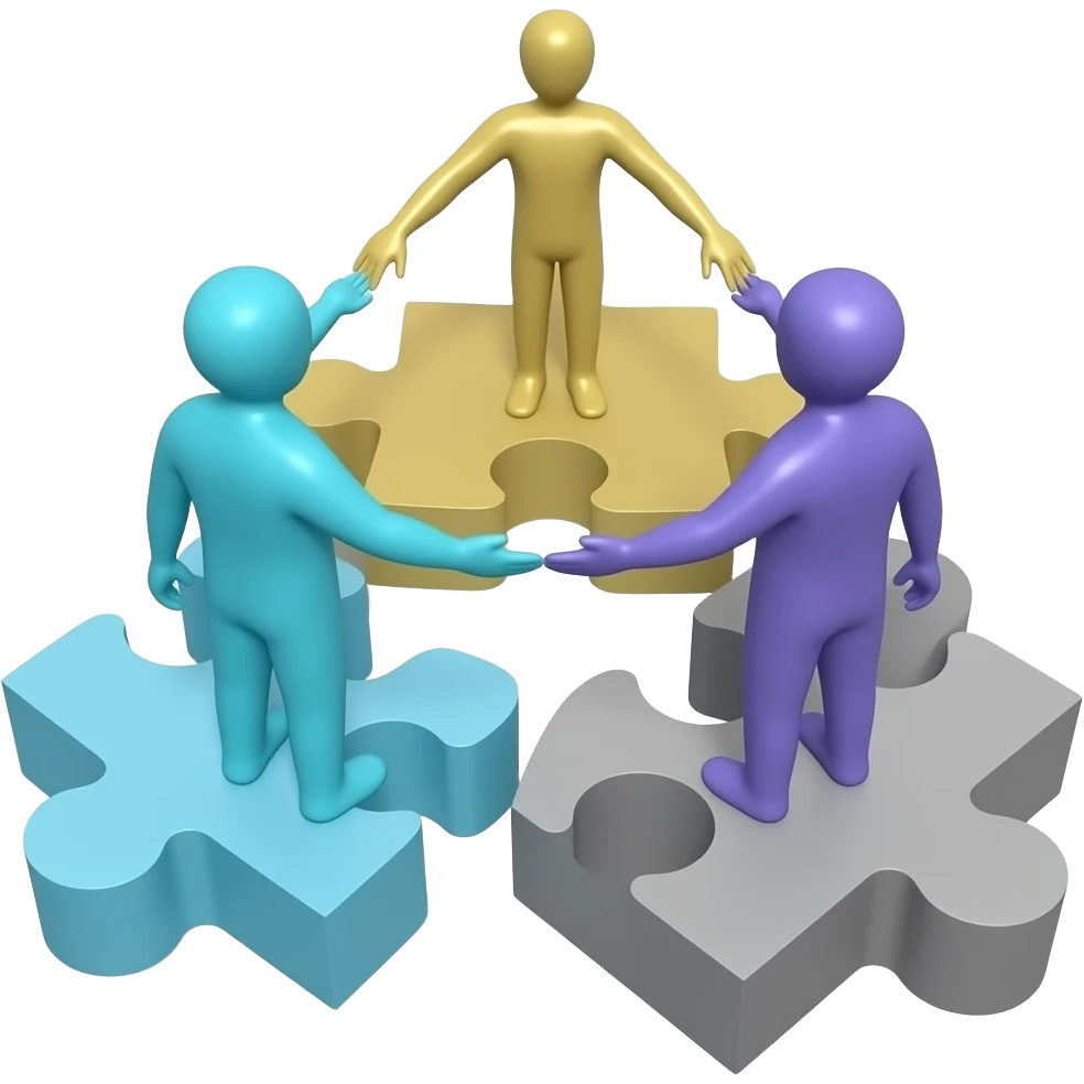 3D icon, teamwork. Three interconnected puzzle pieces forming a circle. Small human silhouettes standing on each piece, holding hands or reaching to the center. Clean white background. Minimalist, corporate style emoji