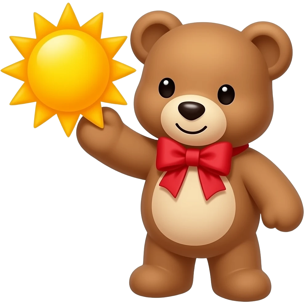 teddy bear with red bow holding the sun emoji