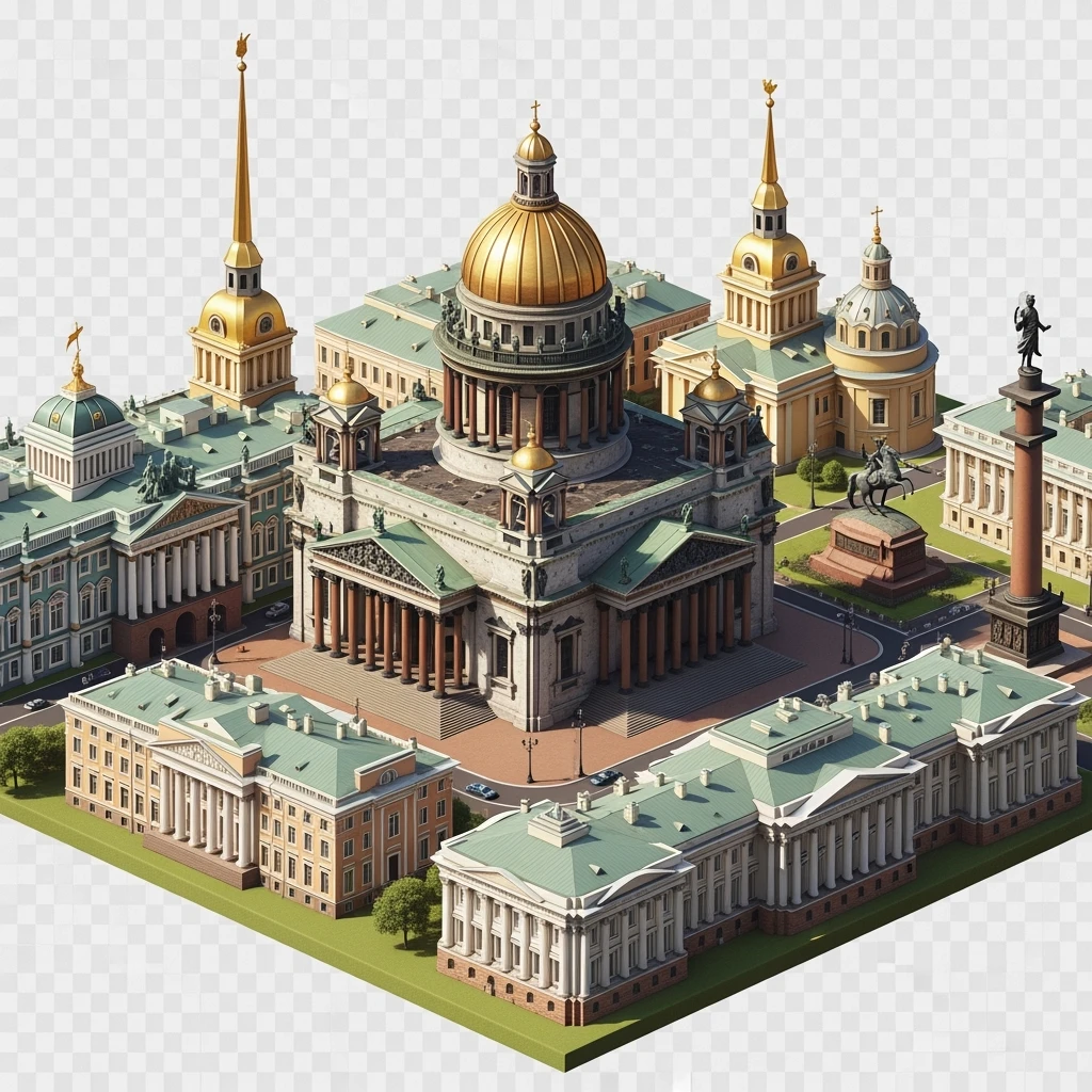 Изометрическая иллюстрация-модель Санкт-Петербурга с акцентом на фотореалистичный Исаакиевский собор, Зимний дворец, памятник Петру I, Адмиралтейство, здание Сената, Александрийский столп, баланс между стилизацией и реализмом, эффект рисованной миниатюры Tift shift, прозрачный фон. emoji