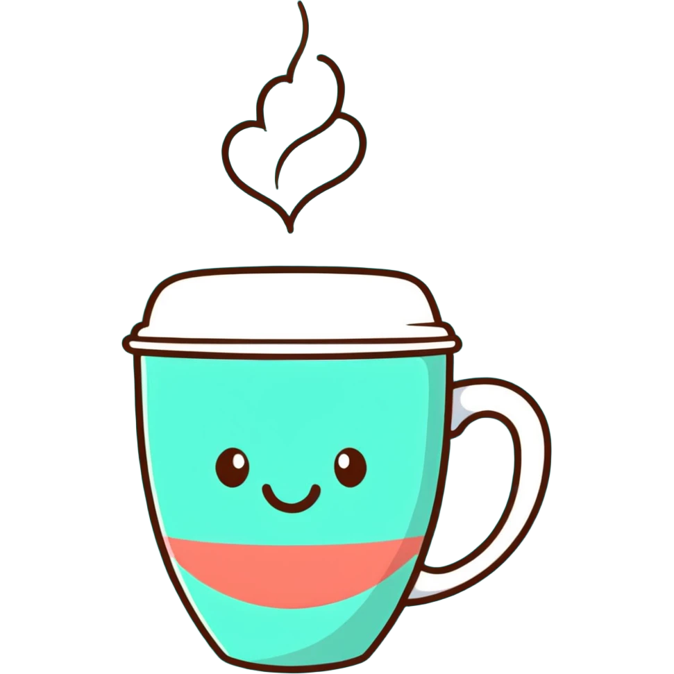 smiling hot coffee cup with heart-shaped steam, mocha brown tones, kawaii soft hand-drawn emoji