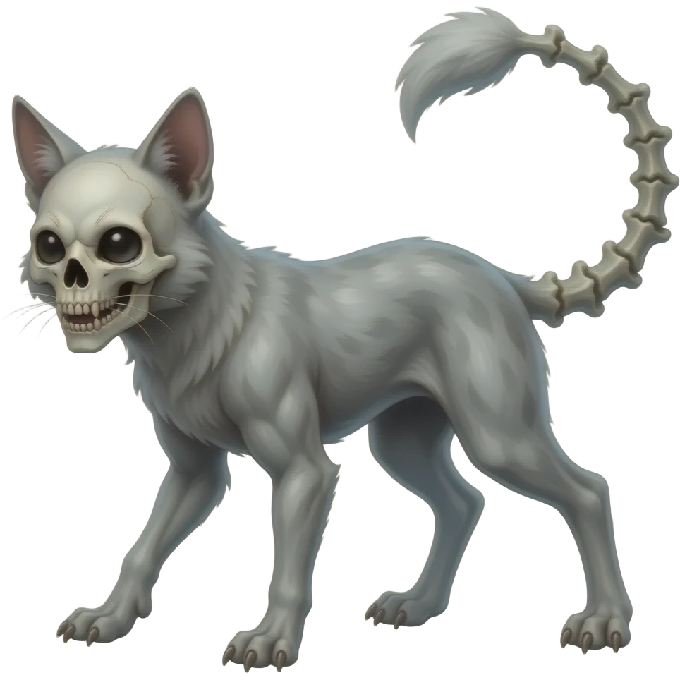Digitigrade 4-legged spooky dark bleak greyish translucent diaphanous swampy gloomy dark dark-deep-greenish foggy eldritch scary realistic edgy fantasy ghoul-like vernid-sergal-fursona animal creature with a long thin bony tail and skull-face full body emoji