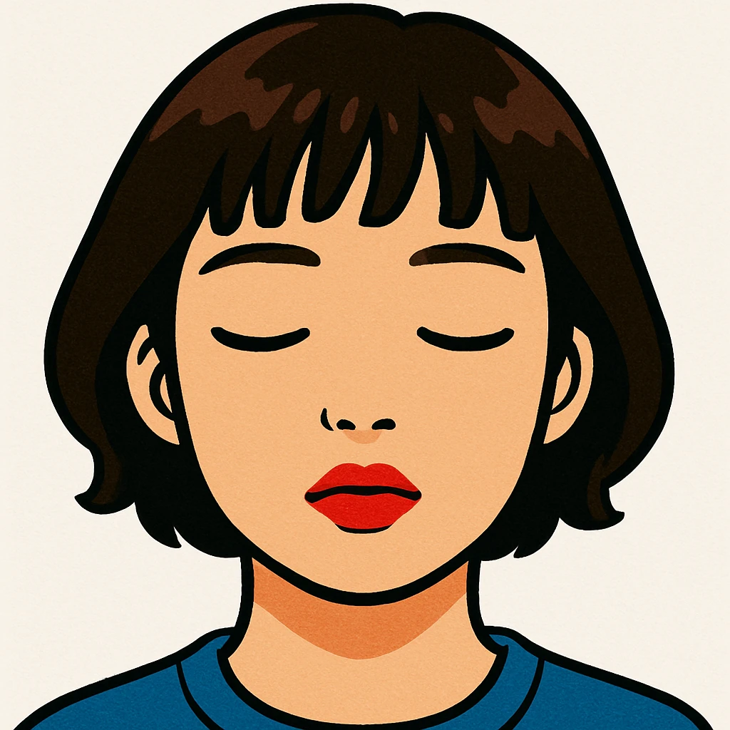 A young Asian woman with short, dark brown hair with bangs, neutral facial expression, closed eyes, vibrant red lips, light beige skin tone, close-up portrait, plain white background, cartoon-like and stylized, bright and saturated colors, even and flat lighting, neutral atmosphere, GPT image style. emoji
