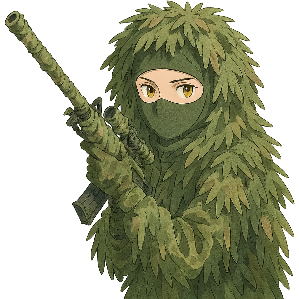 1 female, gold yellow eyes, face covered green balaclava, full military ghillie sniper camouflage, rifle up, camouflaged rifle wrap emoji