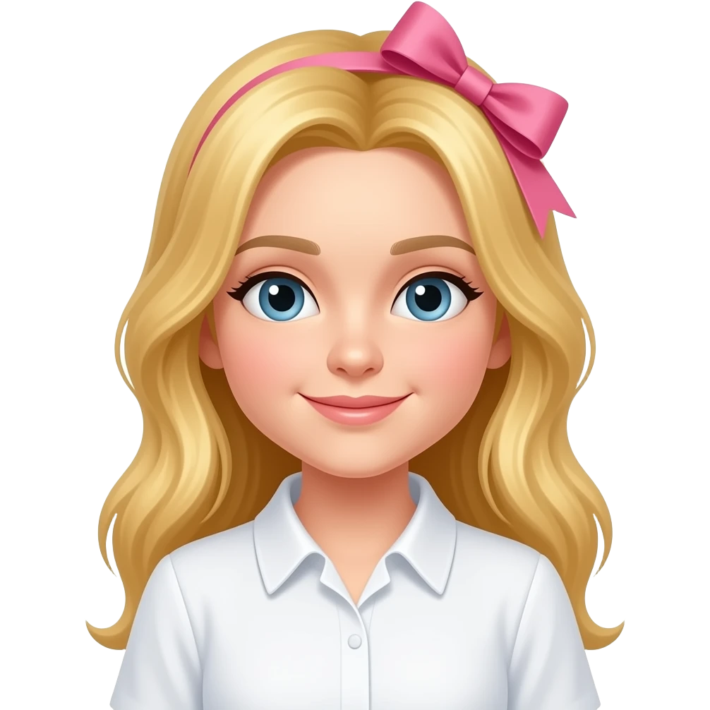 una chica con el pelo rubio y largo la camisa de color blanco y un laso rosa el el pelo emoji