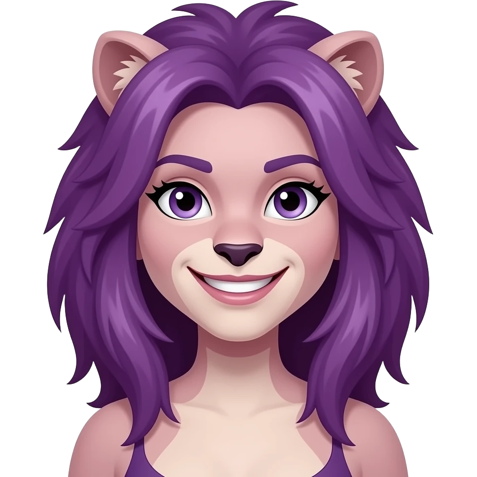 purple long shaggy haired female werelion big smile emoji